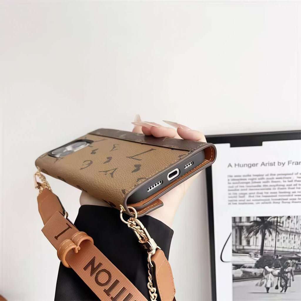 Custodia per iPhone ispirata alla borsa a tracolla in pelle con portacarte