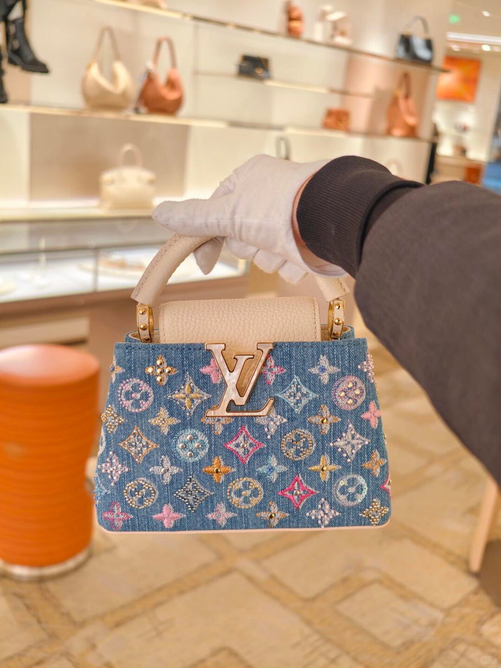 Luxury Denim Embellished Capucines Mini Bag