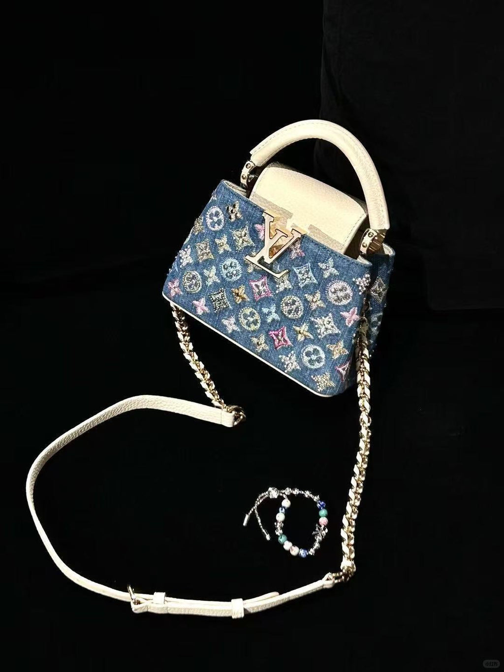 Luxury Denim Embellished Capucines Mini Bag