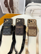 Vintage Signature Pattern Phone Case | Card Holder & Crossbody Strap
