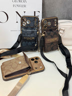 Vintage Signature Pattern Phone Case | Card Holder & Crossbody Strap