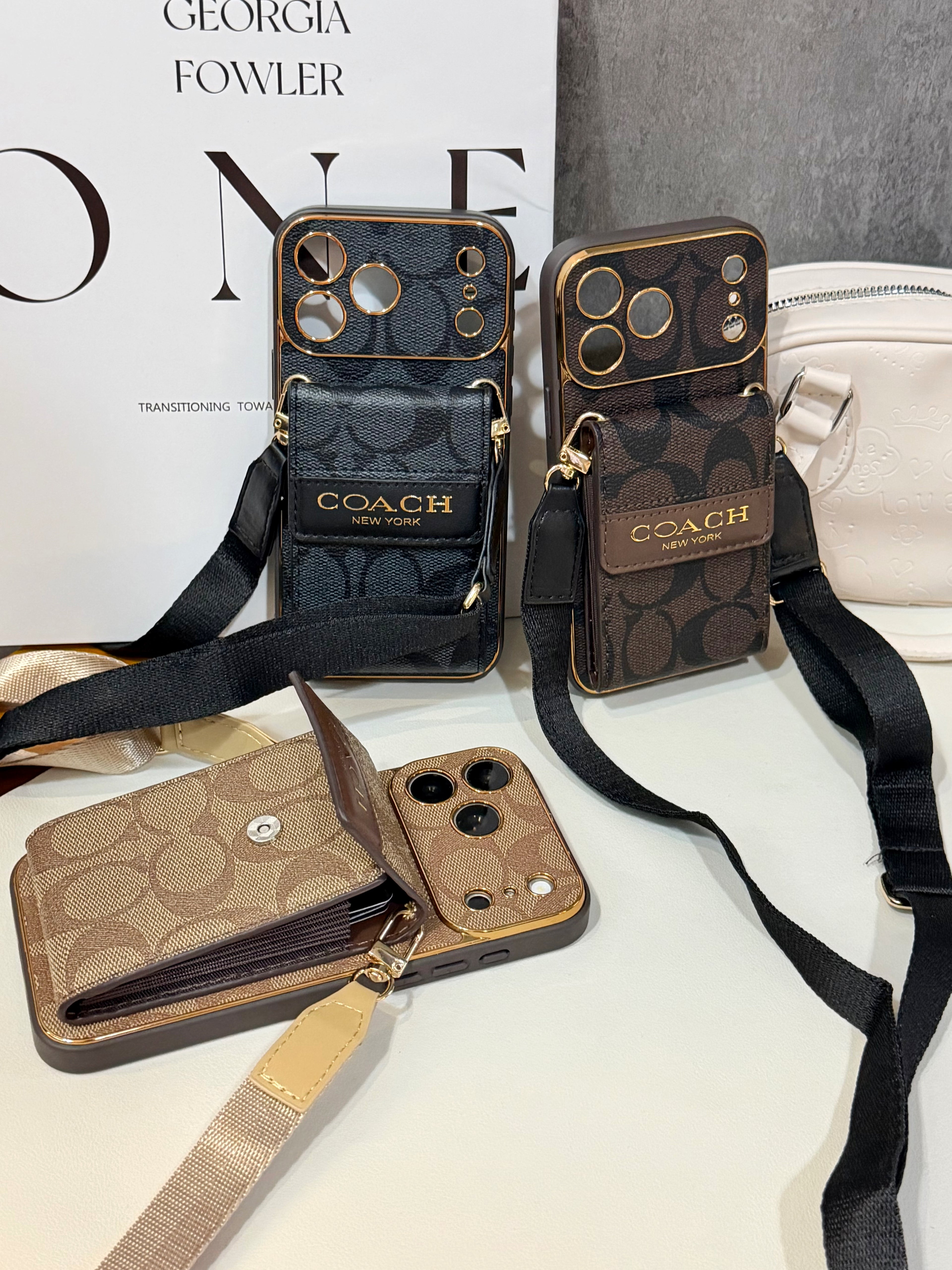 Vintage Signature Pattern Phone Case | Card Holder & Crossbody Strap