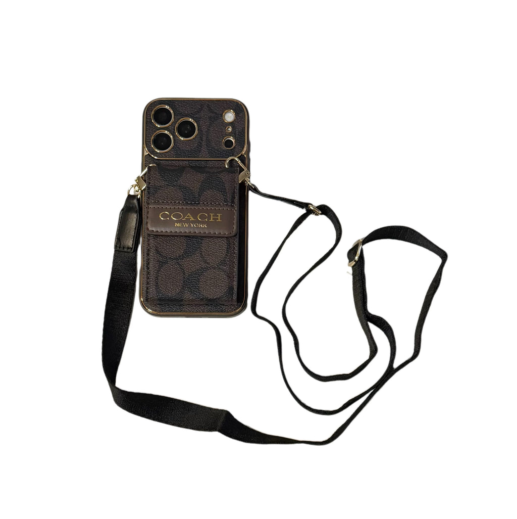 Vintage Signature Pattern Phone Case | Card Holder & Crossbody Strap
