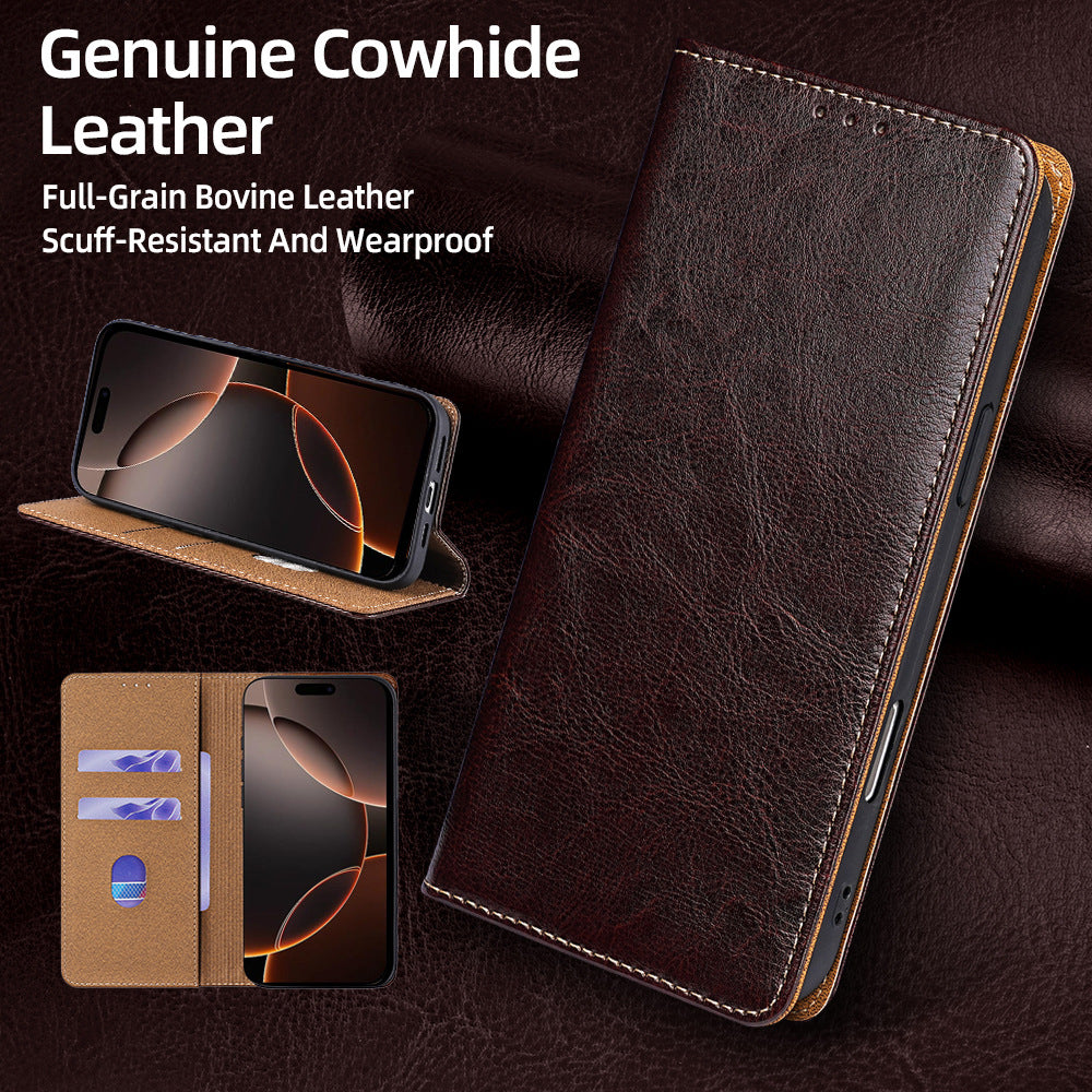 Genuine Full-Grain Cowhide Leather Wallet Phone Case