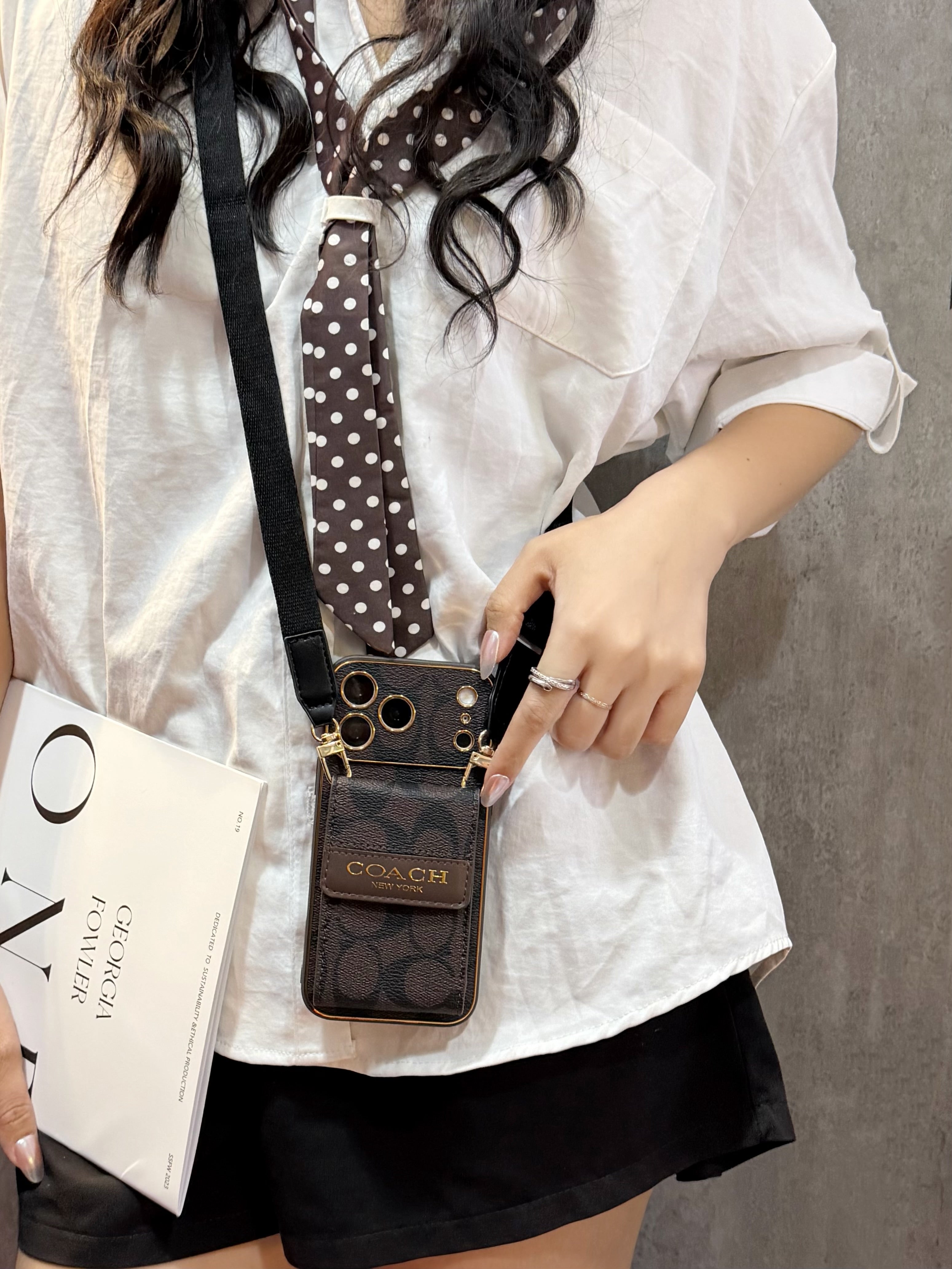 Vintage Signature Pattern Phone Case | Card Holder & Crossbody Strap
