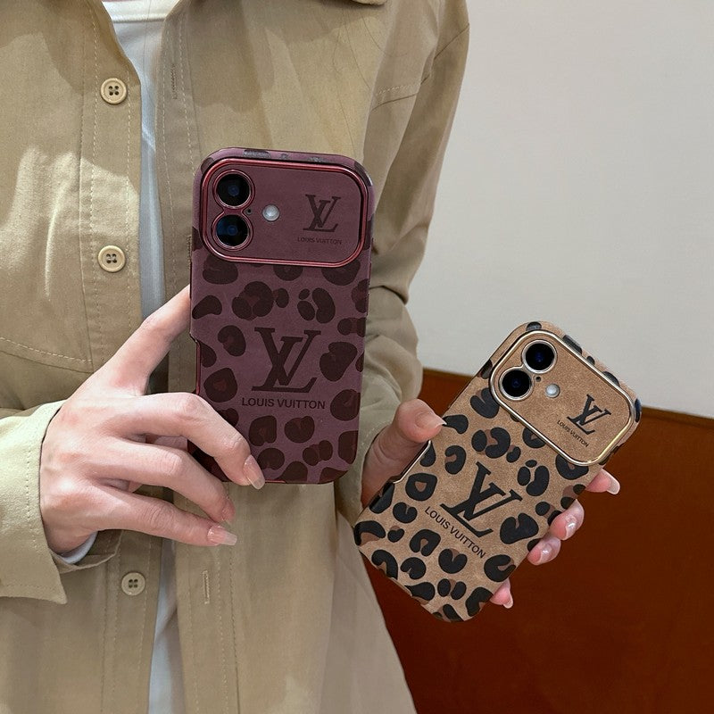 高級ブラウン & パープルカラーレザーiPhoneケース