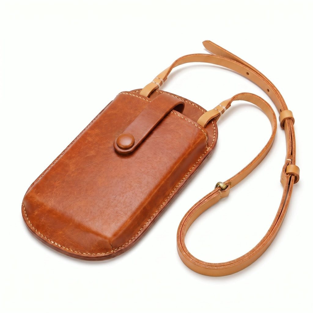 Handmade leather phone bag with shoulder strap