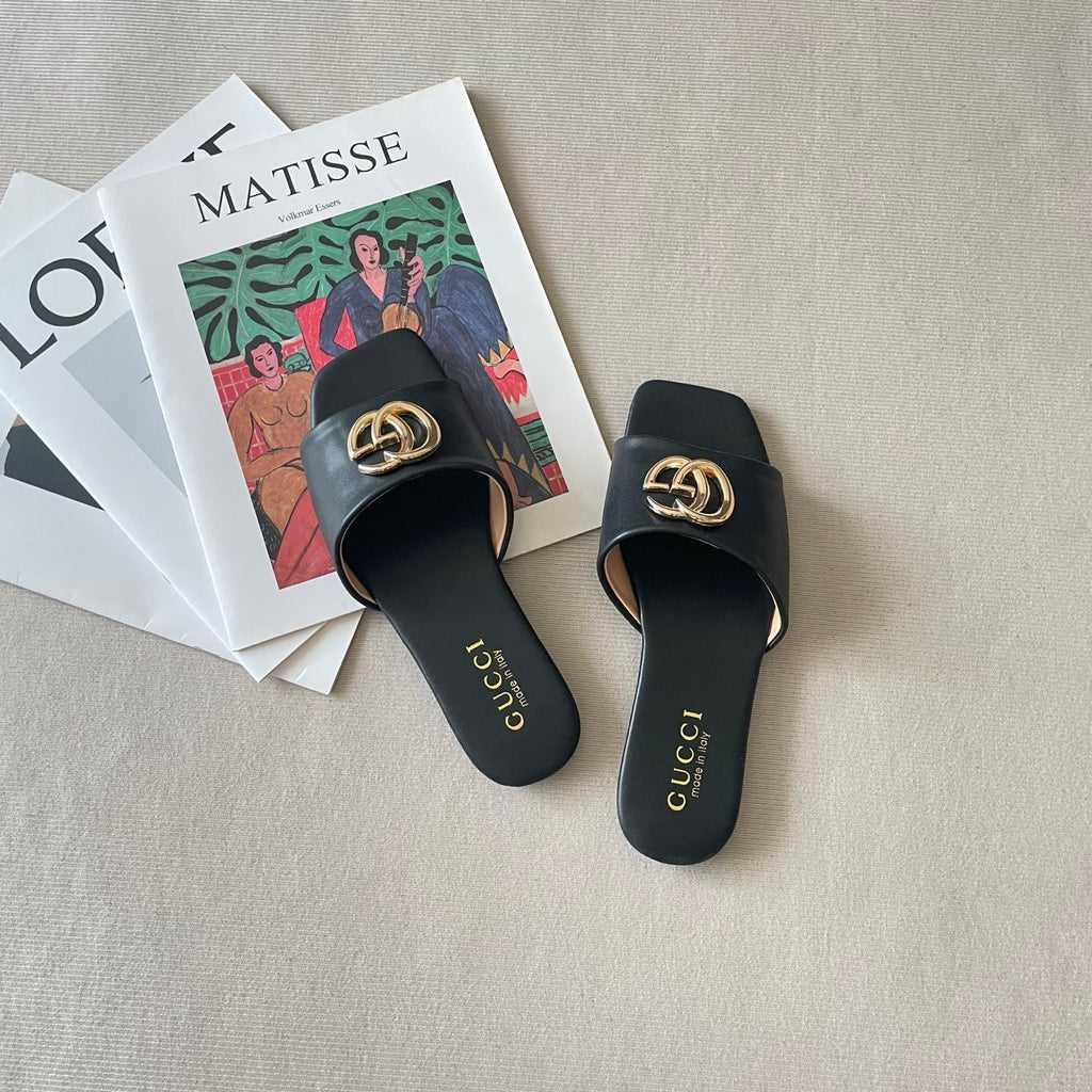 Trendy metal-ring square-toe flat slides