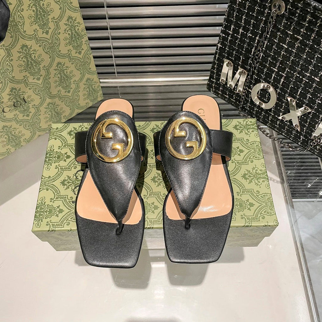 Fashion metal ring square-toe thong flat slides