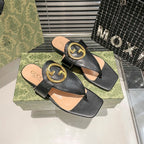 Fashion metal ring square-toe thong flat slides