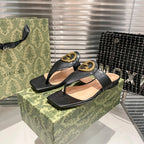 Fashion metal ring square-toe thong flat slides