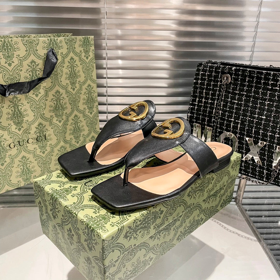 Fashion metal ring square-toe thong flat slides