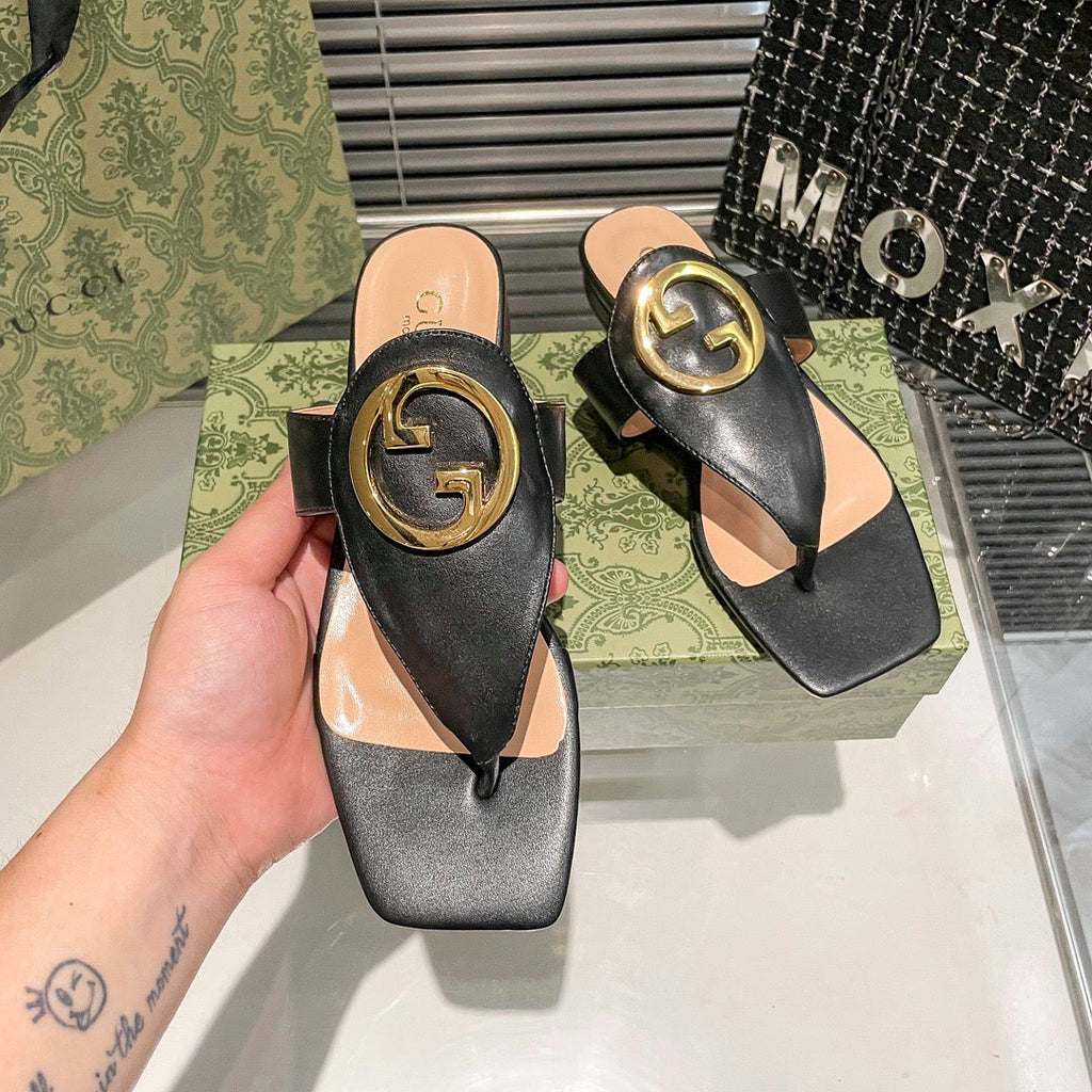 Fashion metal ring square-toe thong flat slides
