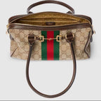 Leather Trim Jacquard Mini Boston Handbag with Metal Ornament
