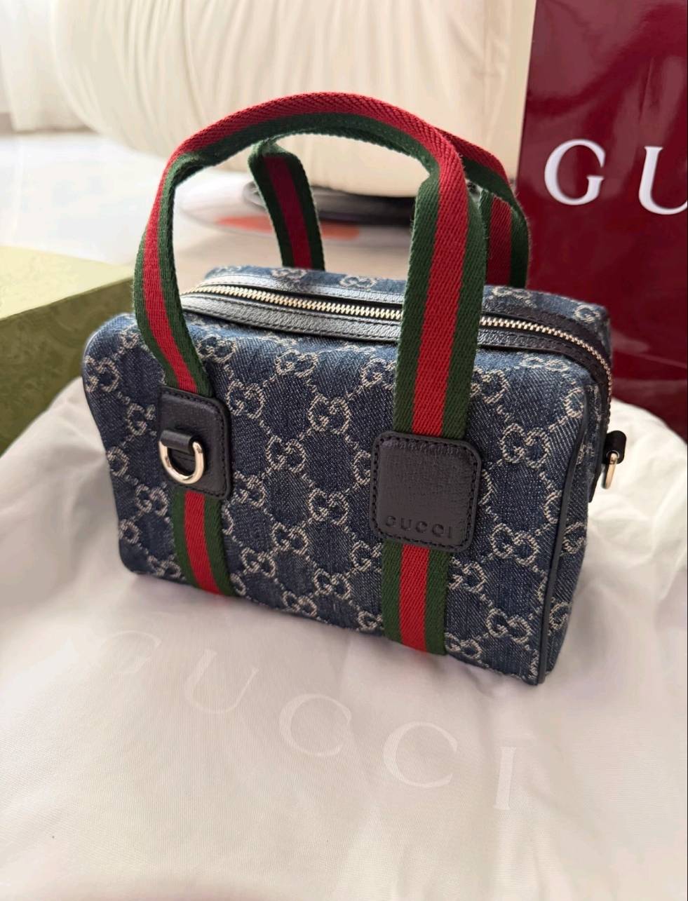 Vintage Print Mini Leather Boston Top Handle Bag