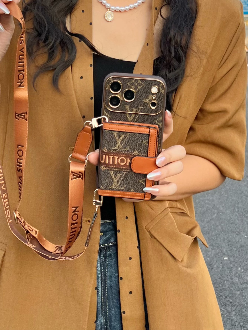 Vintage Monogram Phone Case with Pocket & Detachable Strap