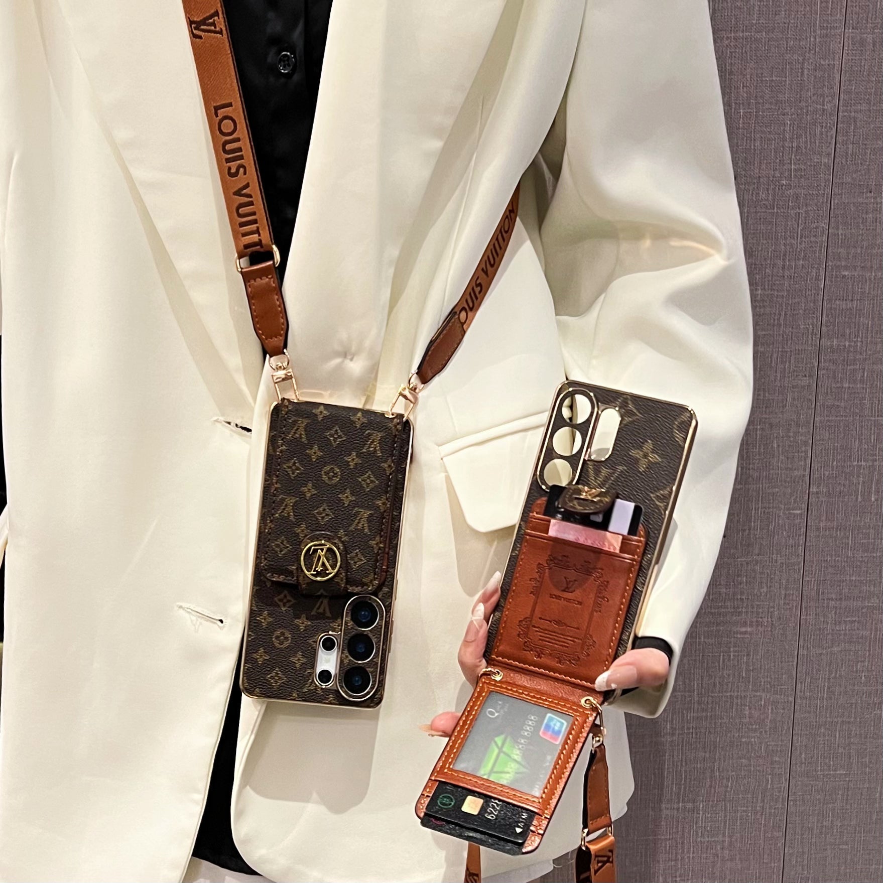 Luxury Monogram Crossbody Phone Case with Card Pocket and Shoulder Strap