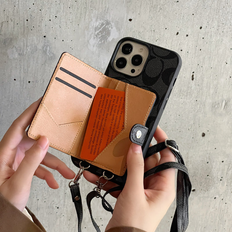 Κλασική θήκη iPhone με πορτοφόλι και λουράκι καφέ -SZK240402
