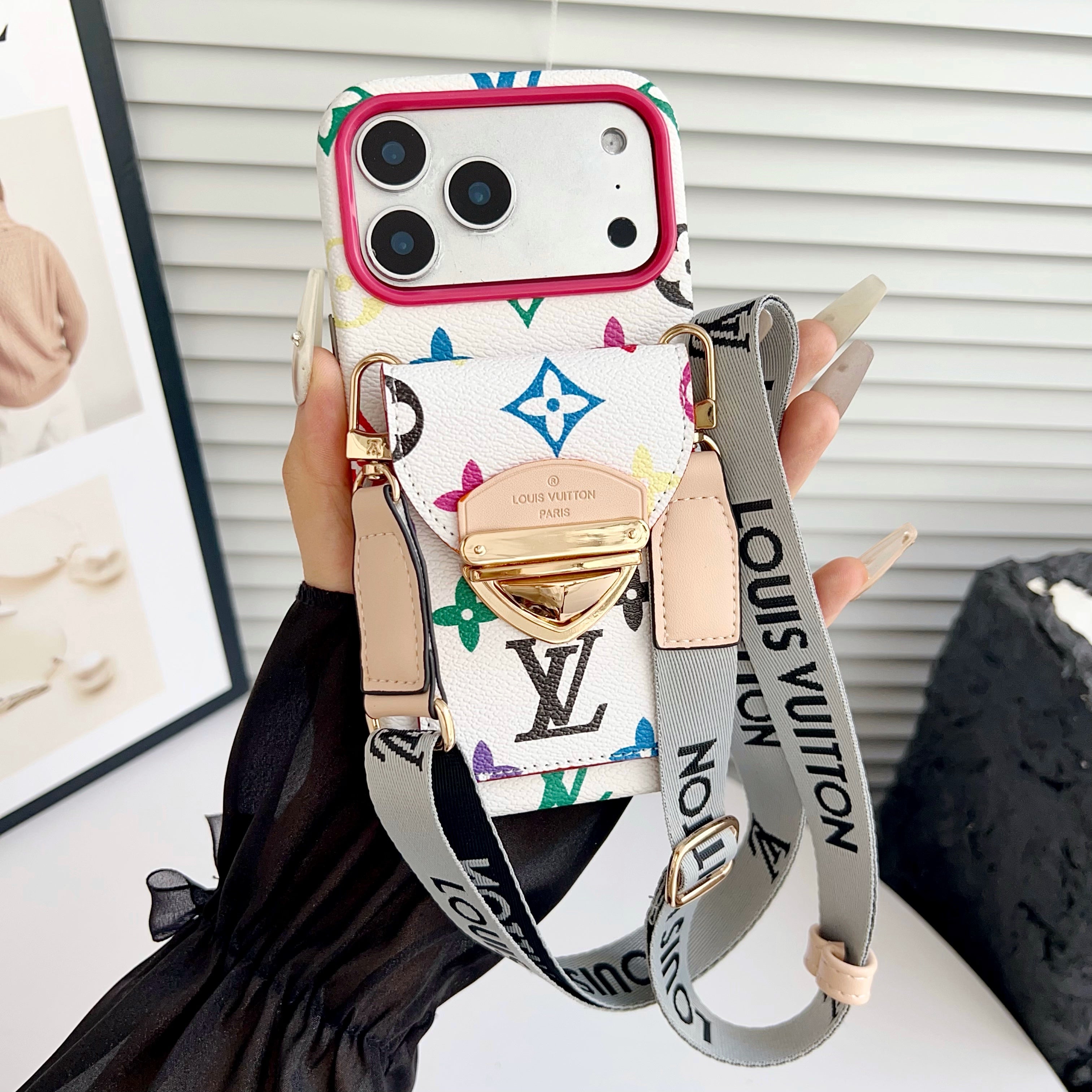 Luksusowe etui Crossbody na iPhone'a z kieszenią na kartę & Odpinany pasek