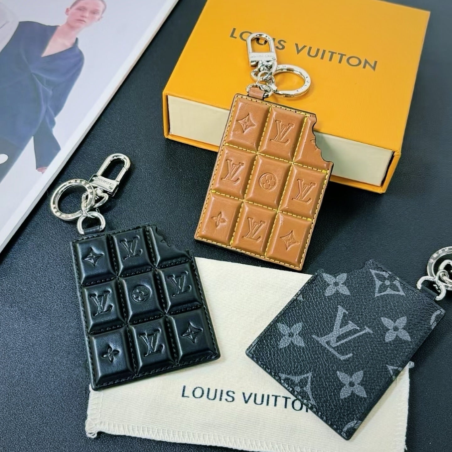 Quilted Chocolate-Style Leather Keychain