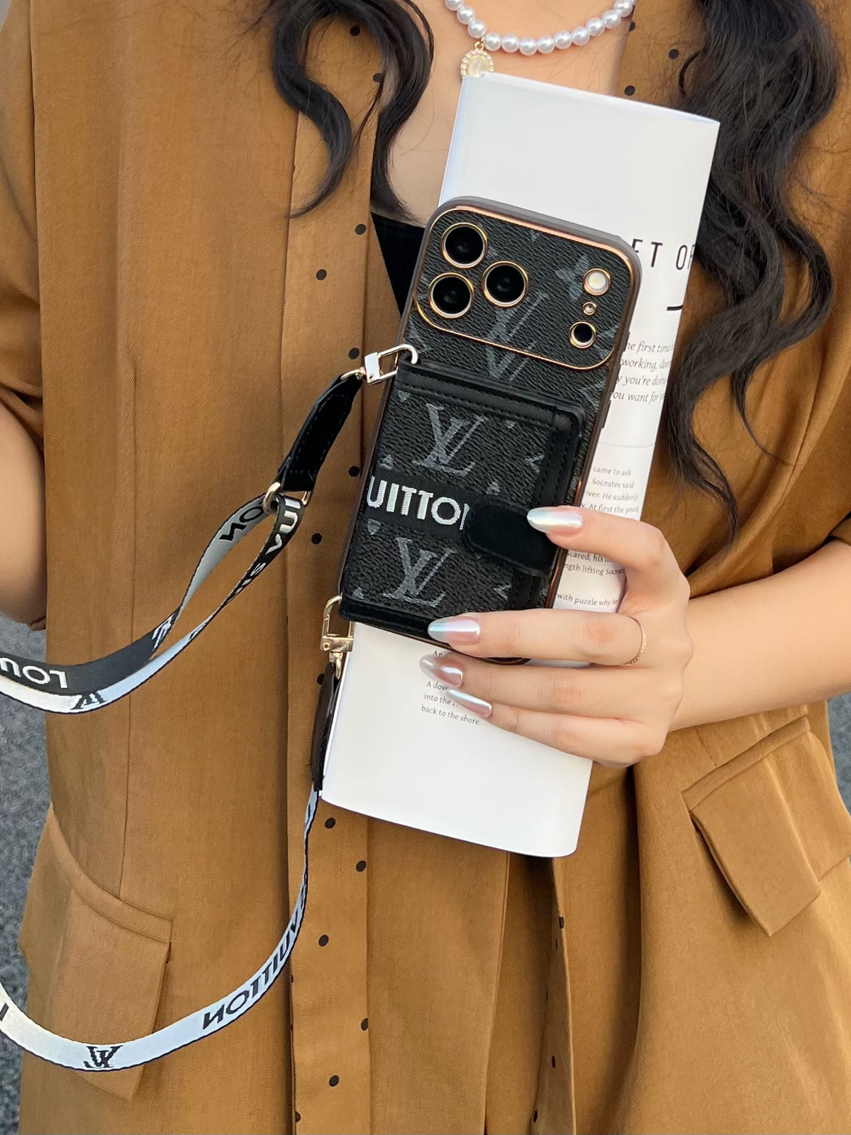 Vintage Monogram Phone Case with Pocket & Detachable Strap
