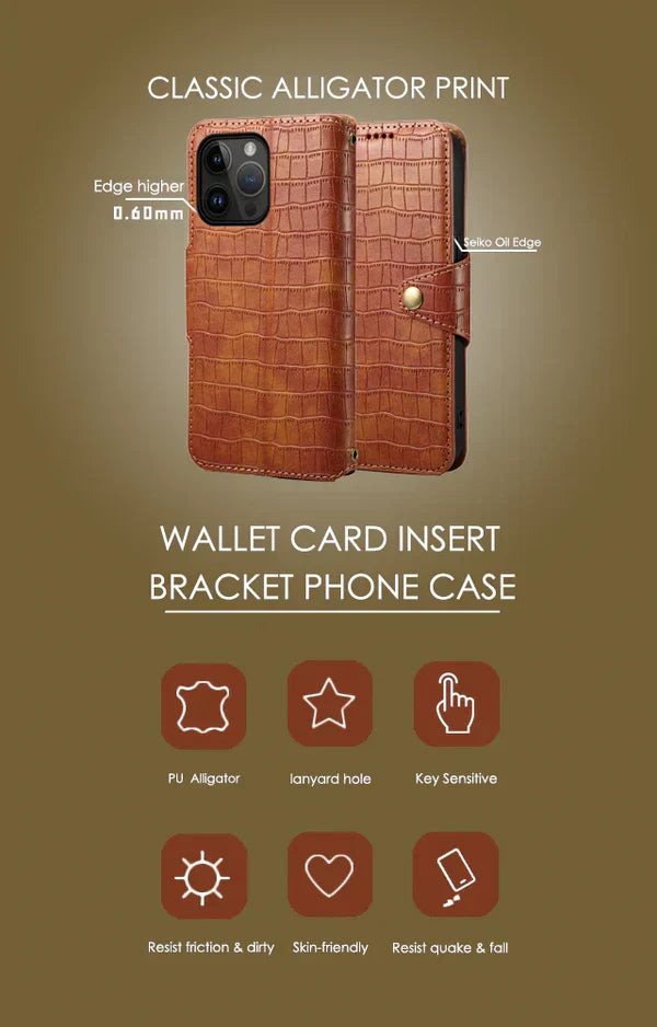 Alligator Print iPhone tok pénztárcával és szíjjal