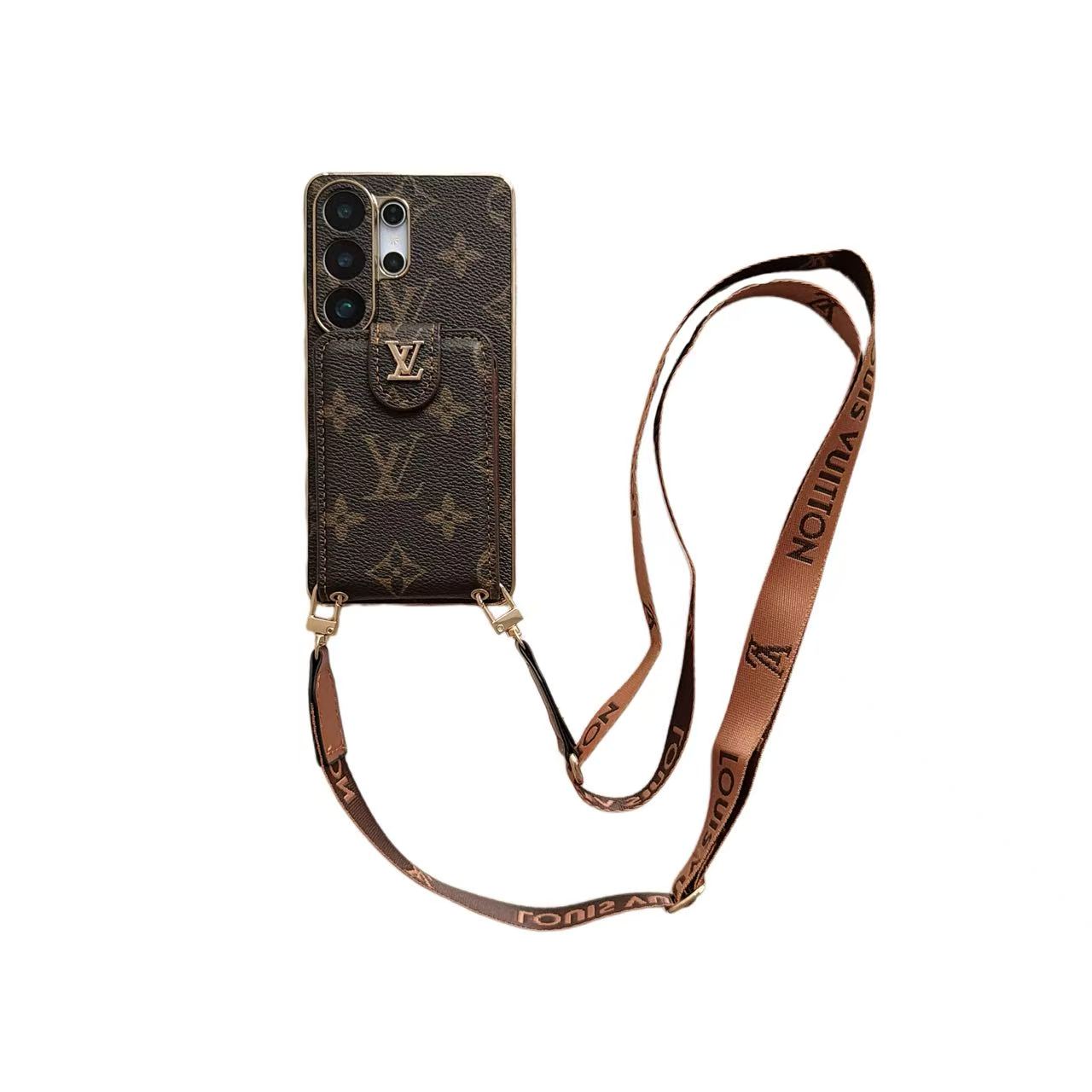 Luxury Monogram Crossbody Phone Case with Card Pocket and Shoulder Strap