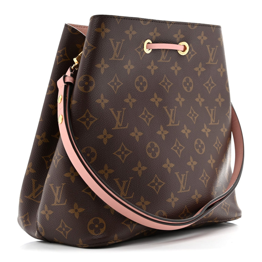 Classic Printed Canvas Bucket Bag with Soft Pink Leather Details