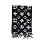 Black and white geometric pattern knitted scarf, fringed edge thermal shawl