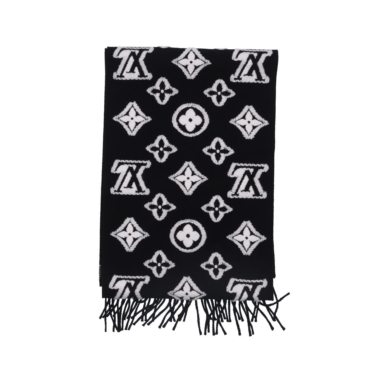 Black and white geometric pattern knitted scarf, fringed edge thermal shawl