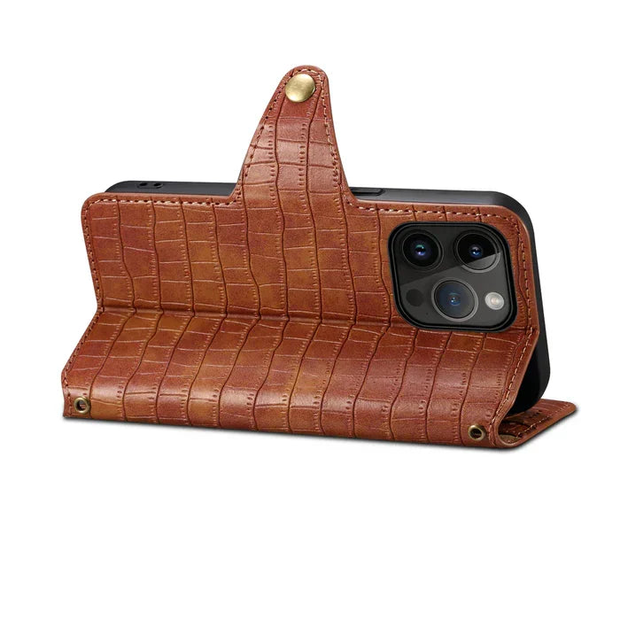 Alligator Print iPhone tok pénztárcával és szíjjal