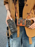 Vintage Monogram Phone Case with Pocket & Detachable Strap