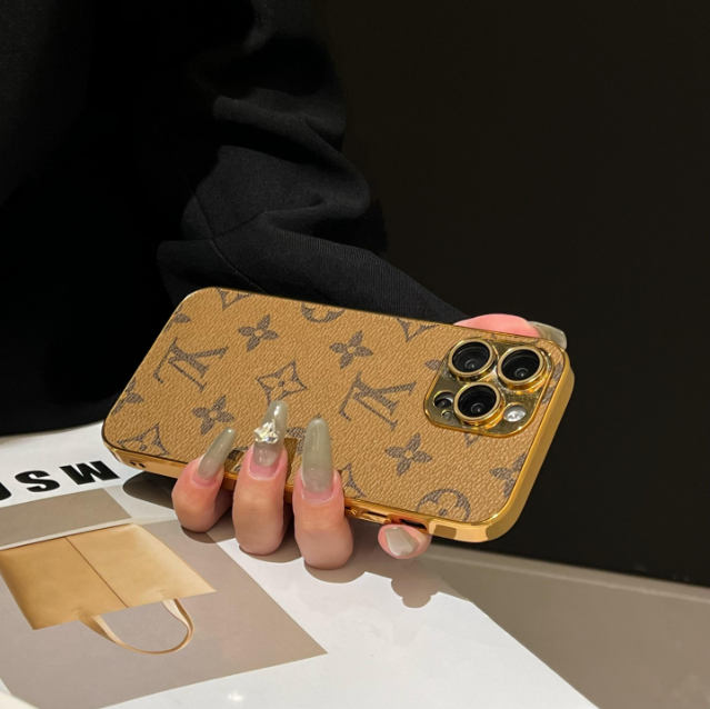 Custodia per iPhone monogramma classica di lusso con bordi placcati in oro