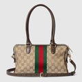 Leather Trim Jacquard Mini Boston Handbag with Metal Ornament