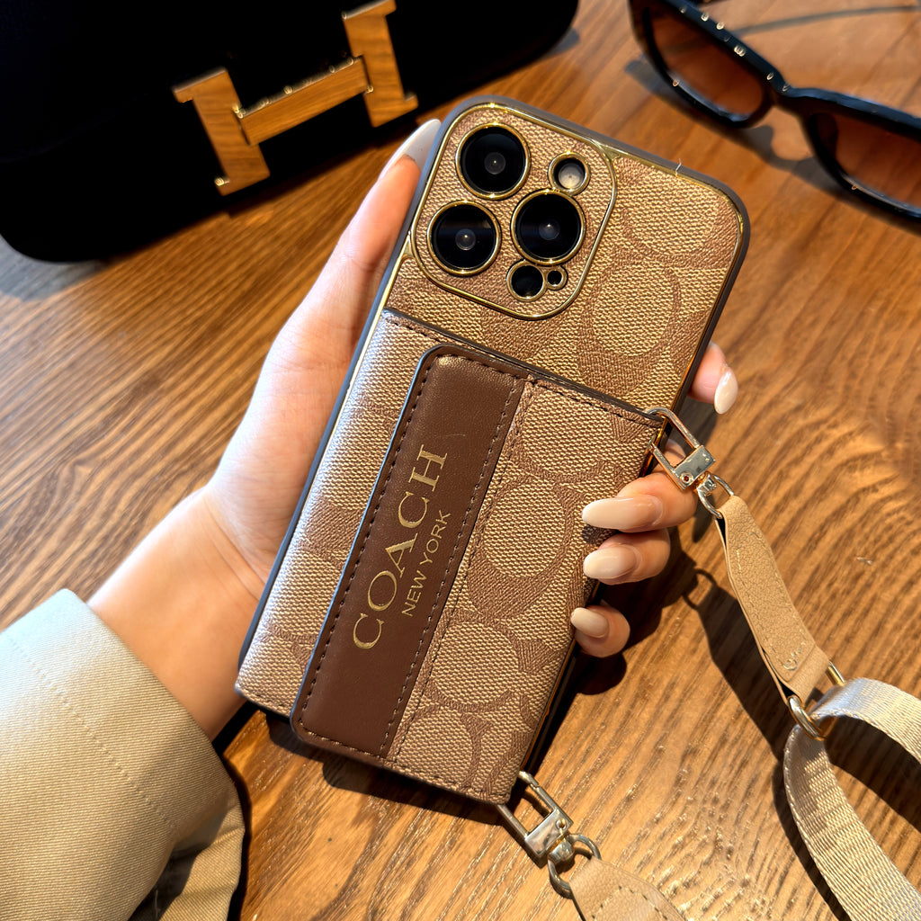 Vintage Monogram iPhone Case with Card Holder & Adjustable Strap