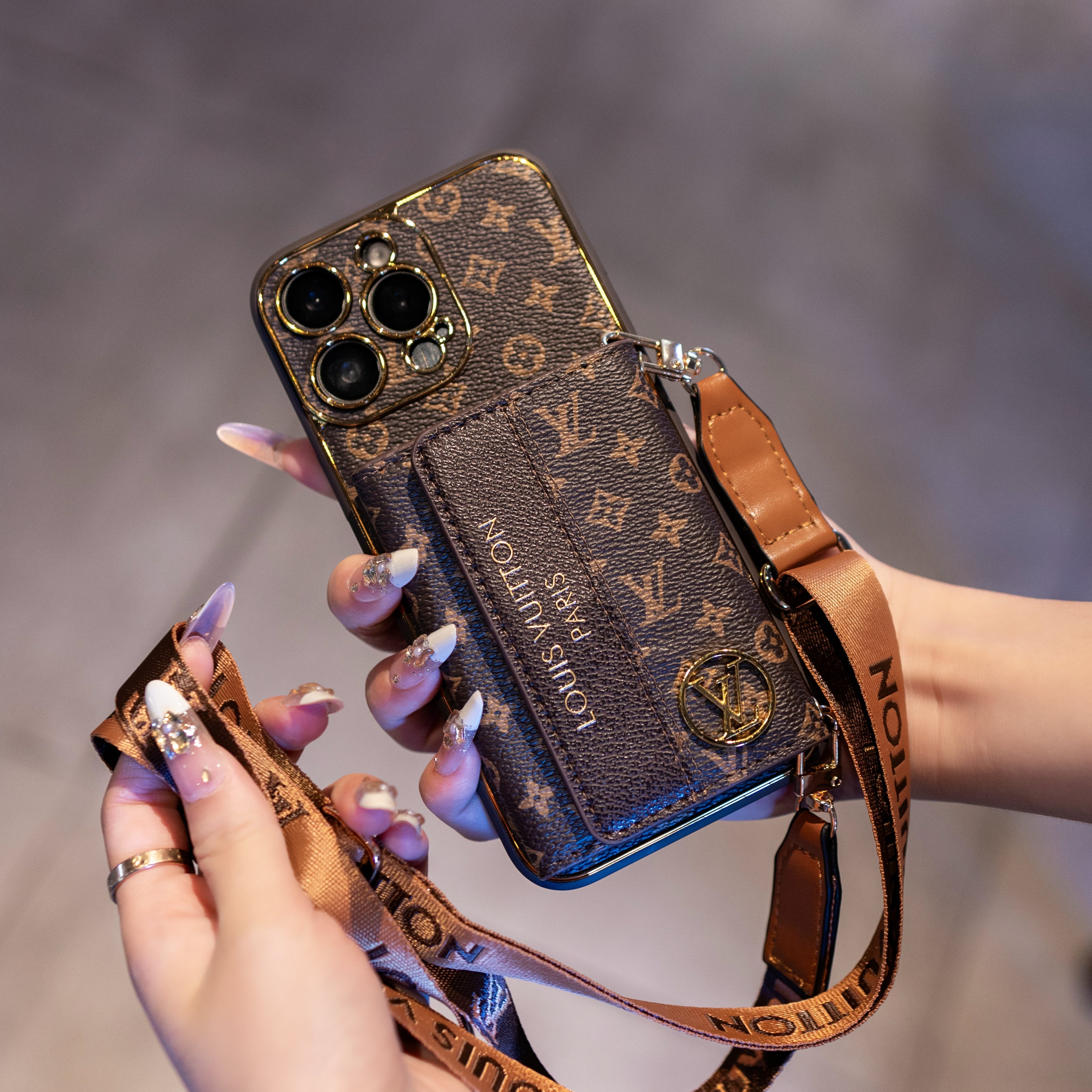 Luxury Advanced Leather iPhone Case with Card Holder & Strap