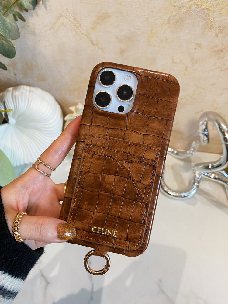 Alligator Print Celine iPhone tok kártyatartóval és barna szíjjal -EYP241415