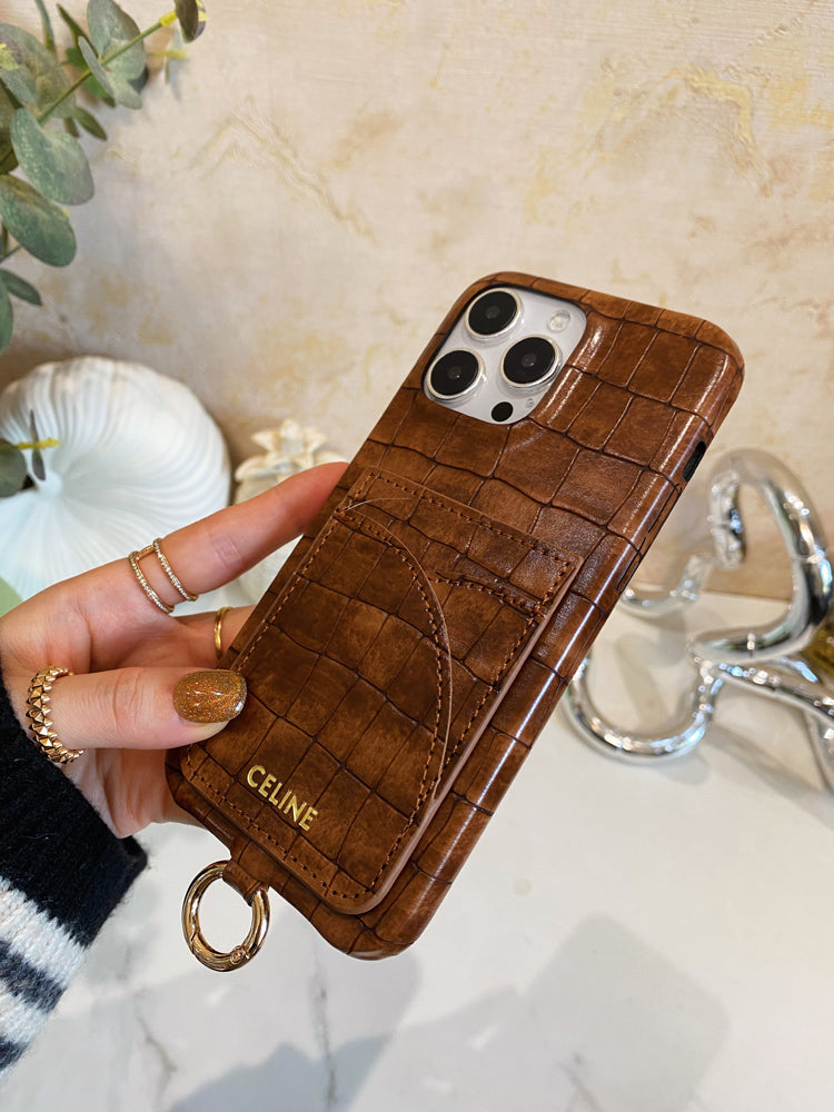 Alligator Print Celine iPhone tok kártyatartóval és barna szíjjal -EYP241415