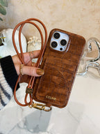 Alligator Print Celine iPhone tok kártyatartóval és barna szíjjal -EYP241415