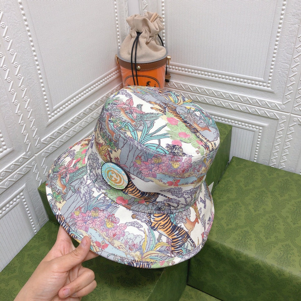 Classic Floral Tiger Cotton Bucket Hat | Luxury Designer Botanical Bucket Hat