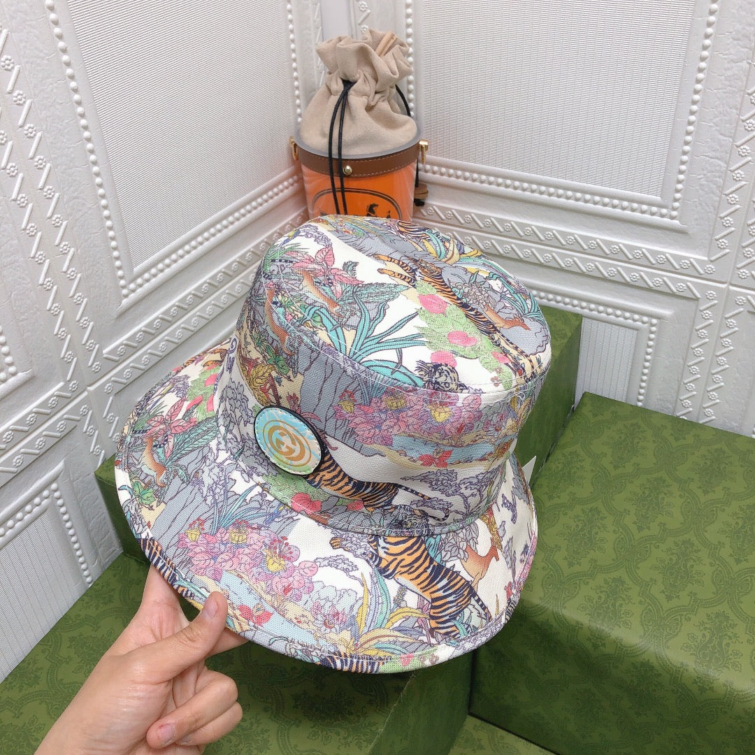 Classic Floral Tiger Cotton Bucket Hat | Luxury Designer Botanical Bucket Hat
