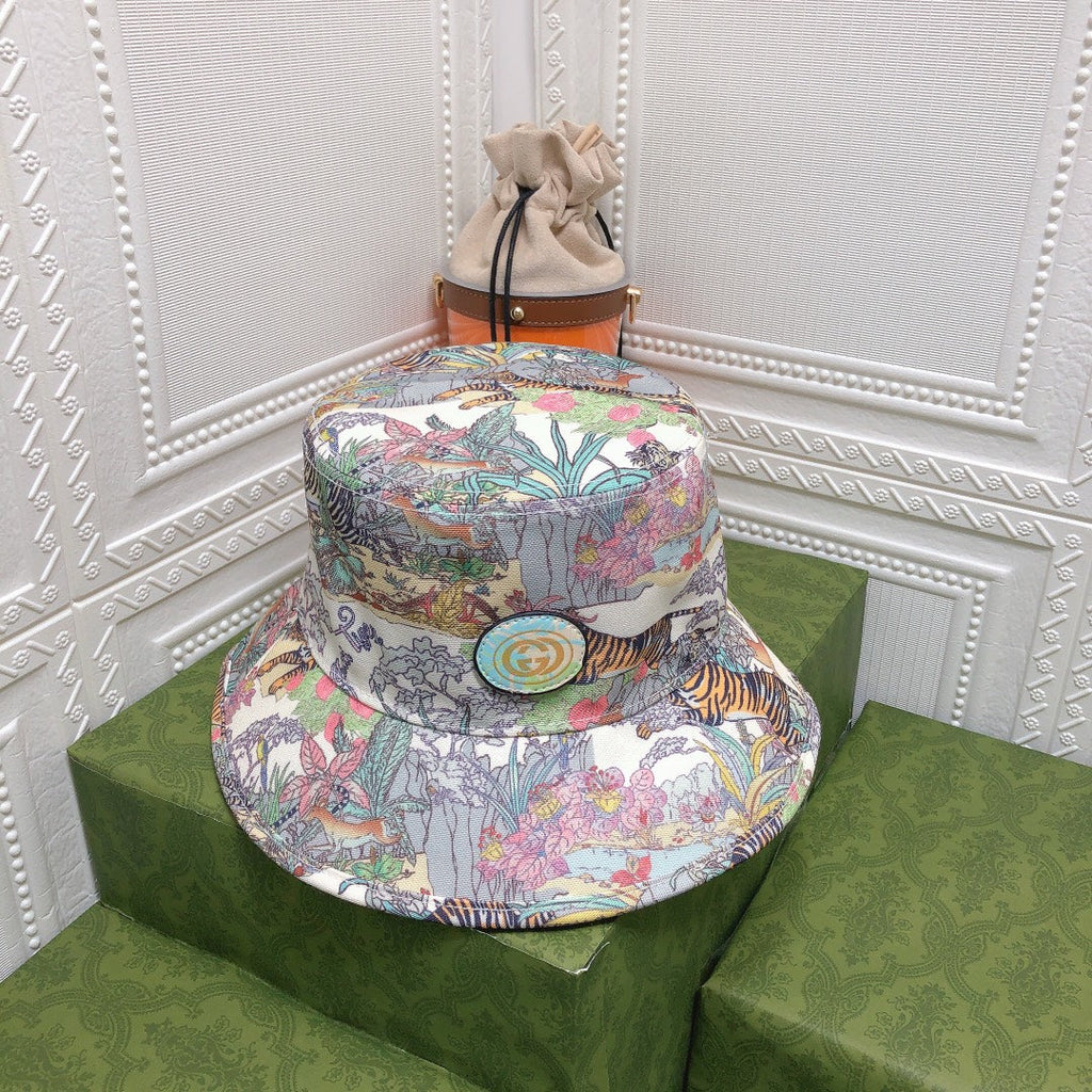 Classic Floral Tiger Cotton Bucket Hat | Luxury Designer Botanical Bucket Hat