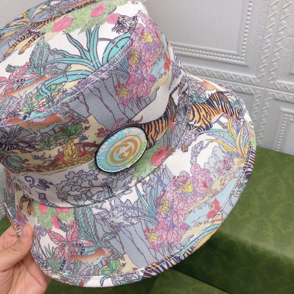 Classic Floral Tiger Cotton Bucket Hat | Luxury Designer Botanical Bucket Hat