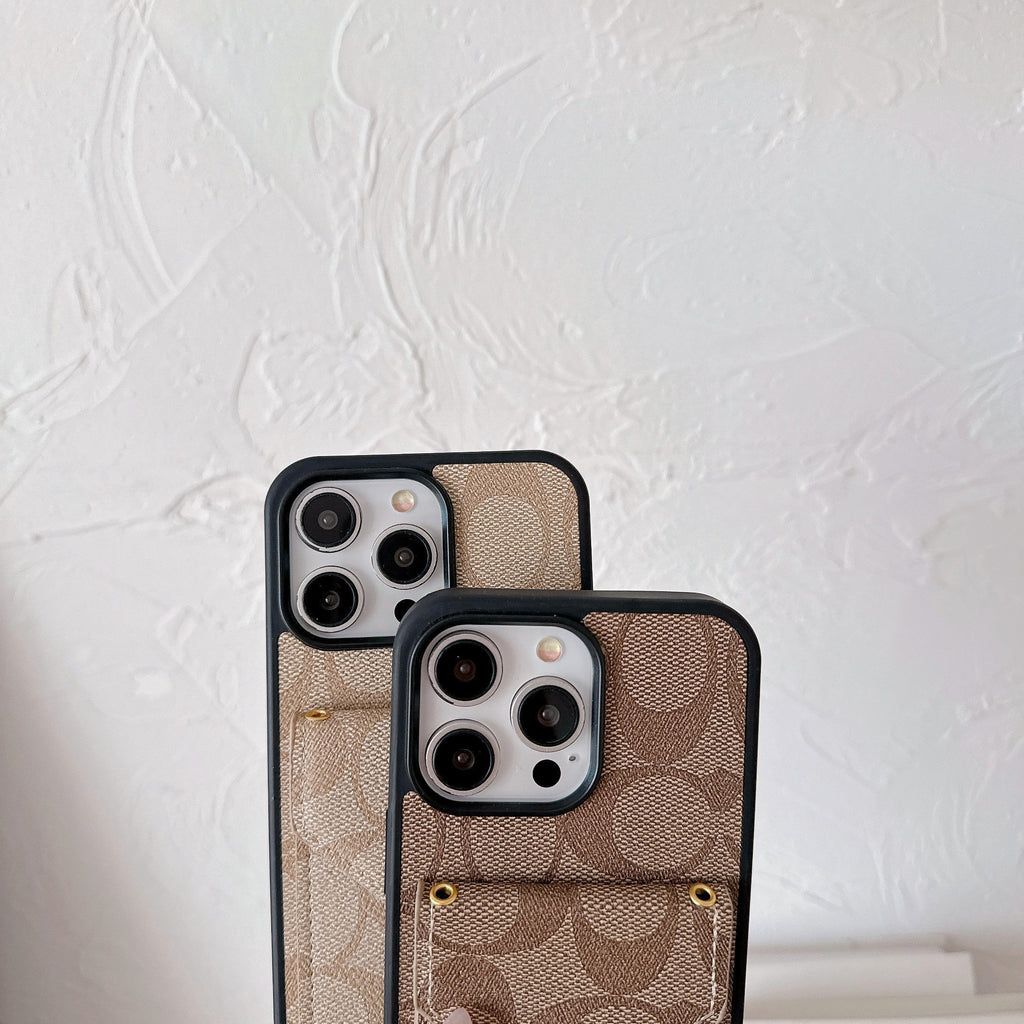 Klasszikus iPhone tok kártyatartóval és szíjjal Világosbarna -SJ240513