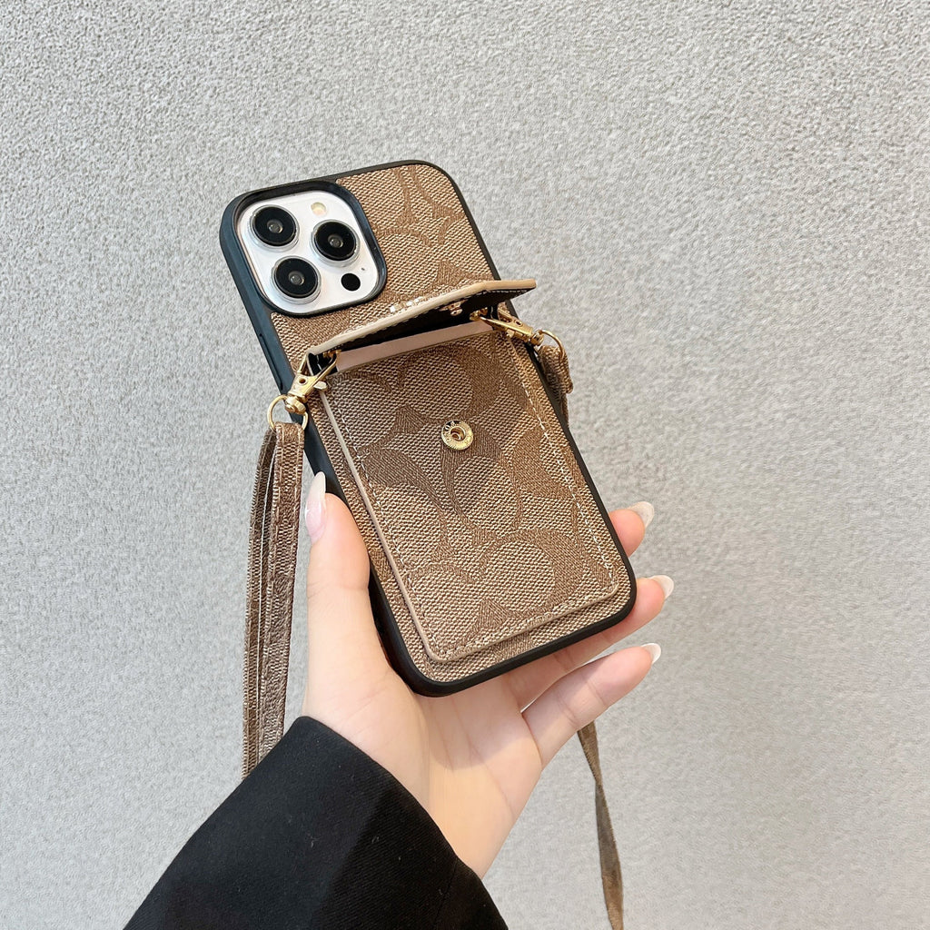 Klasszikus iPhone tok kártyatartóval és szíjjal Világosbarna -SJ240513