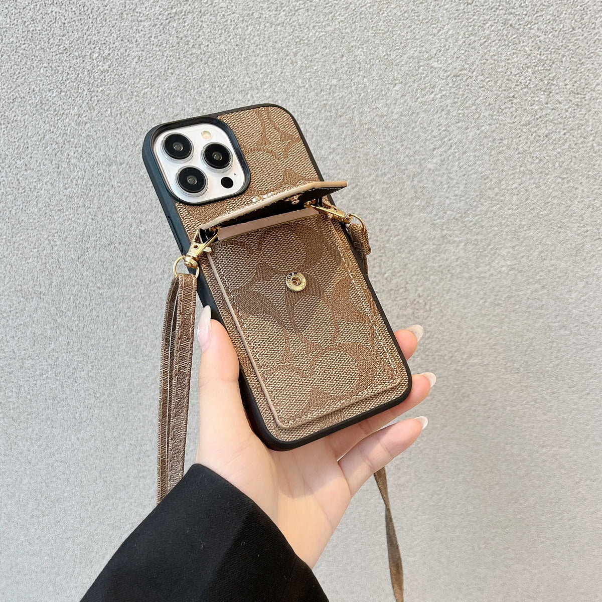 Klasszikus iPhone tok kártyatartóval és szíjjal Világosbarna -SJ240513