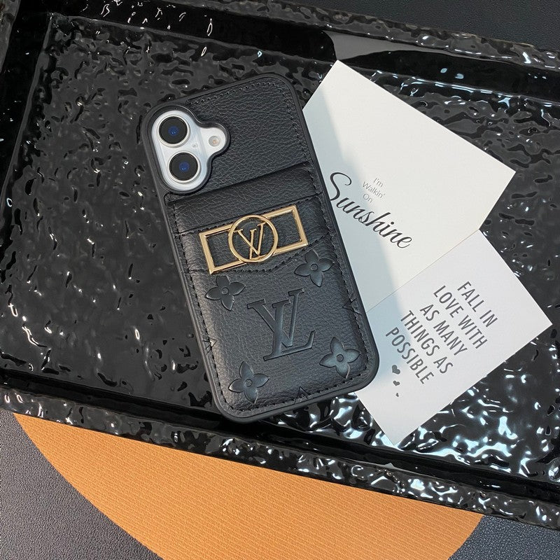 Luxuriöse iPhone-Hülle mit Kartenetui und goldenem Logo