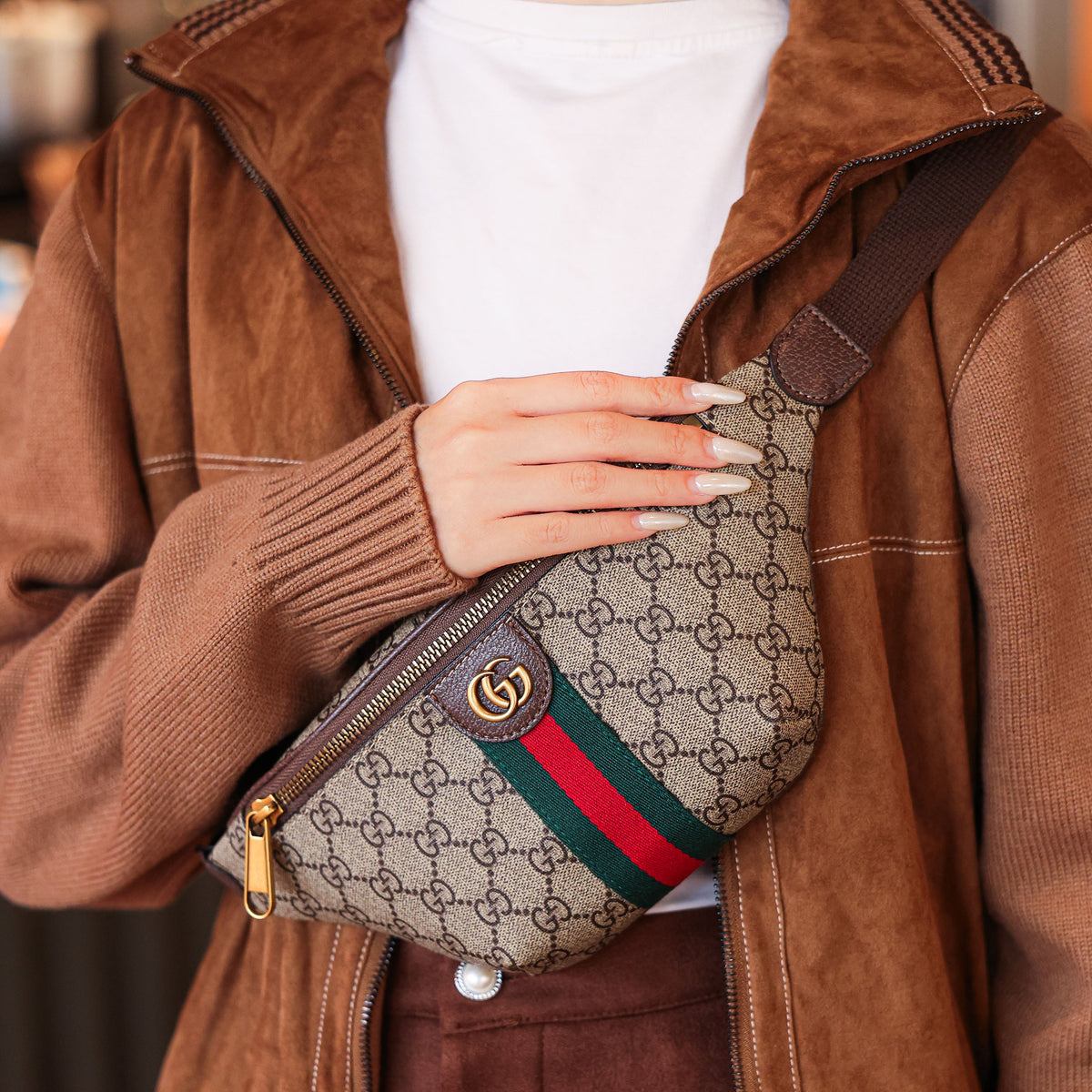 Classic Monogram Belt Bag with Green & Red Stripe