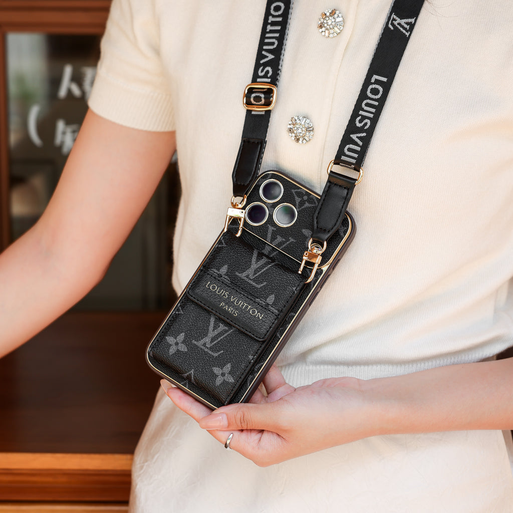 Neue klassische Luxus-Kartenhalter-iPhone-Hülle mit Umhängeriemen