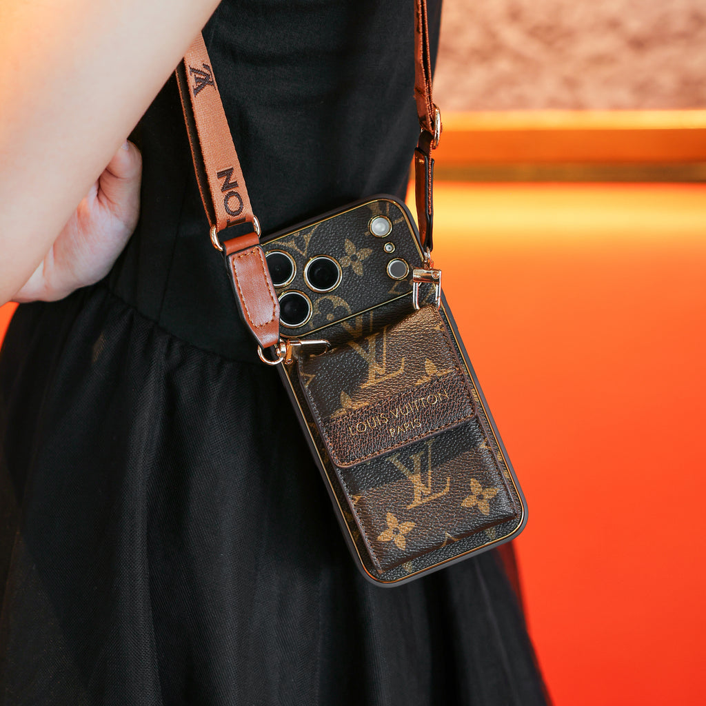 Neue klassische Luxus-Kartenhalter-iPhone-Hülle mit Umhängeriemen